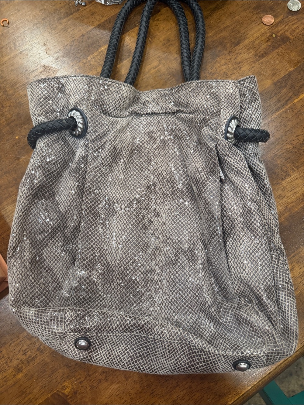 Judith Ripka Gray Snake-Print Tote with Braided Black Handles